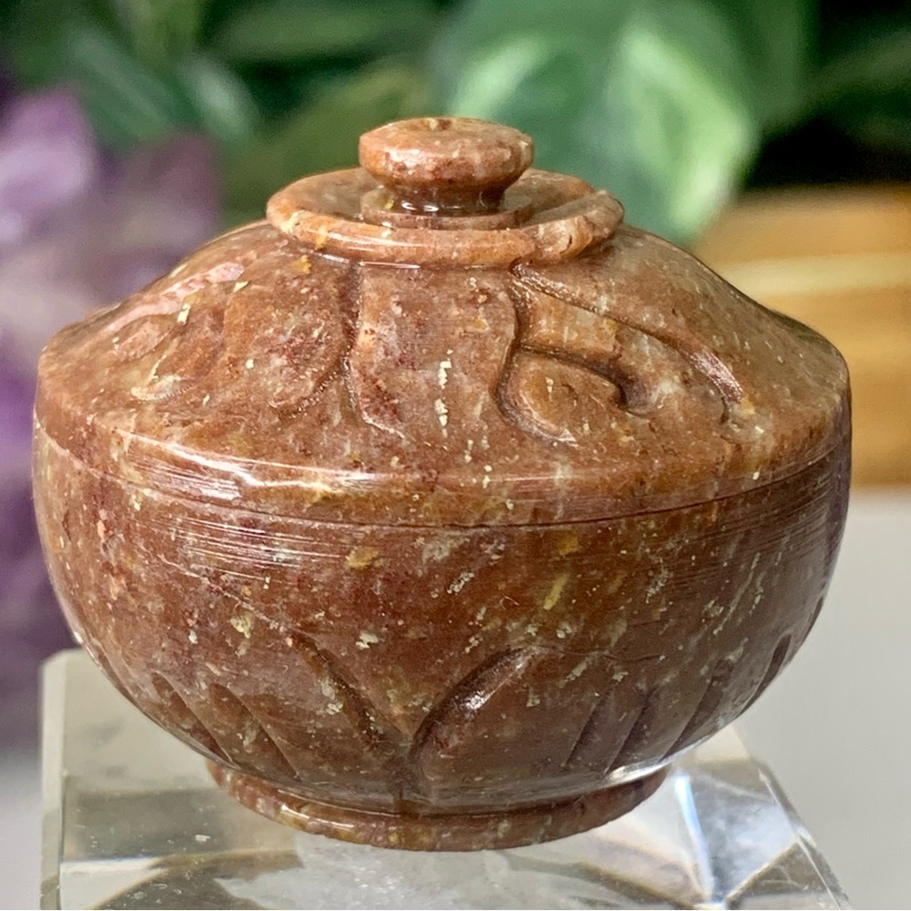 Brown Soapstone Hand Carved Lidded Trinket Box Miniature Round Dome Lid 1.6" VTG - Picture 3 of 16